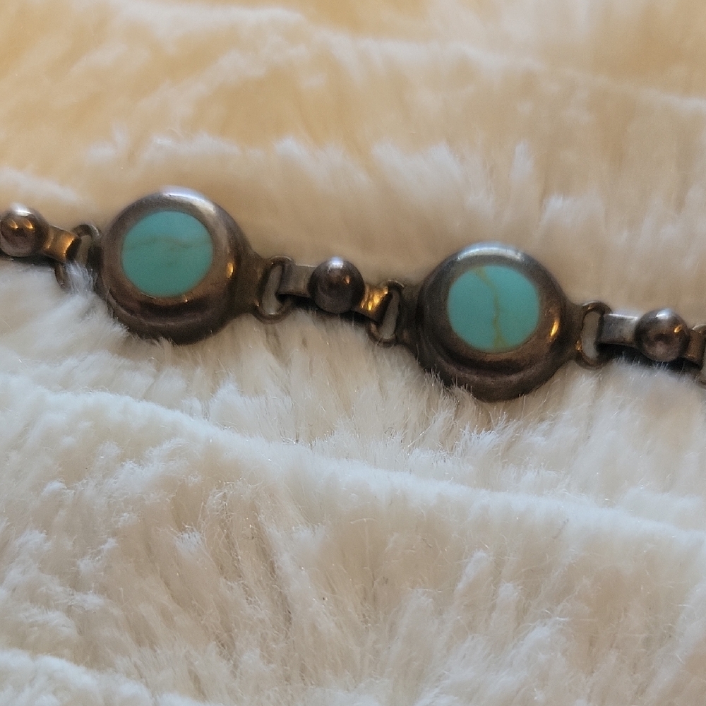 Vintage Mexico 925 Sterling Silver And Turquoise Bracelet - Picture 7 of 8